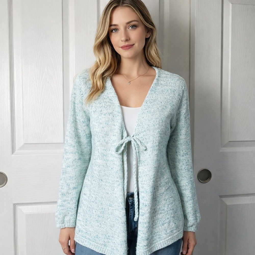 VENUS Aqua Blue Knit Tie-Front Cardigan Sweater – Medium